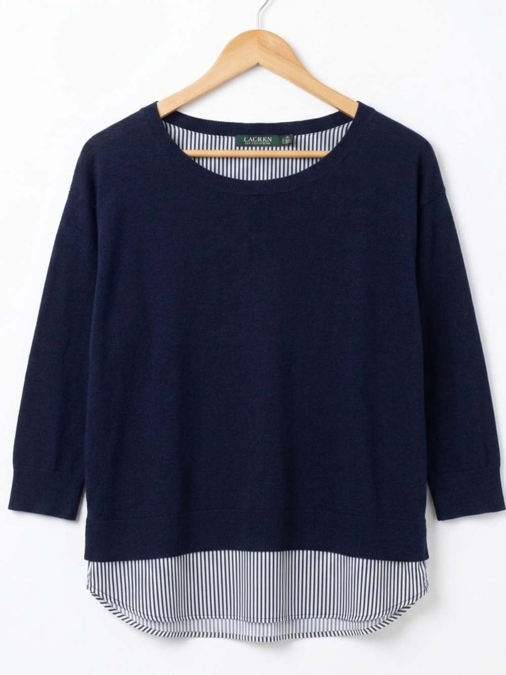 Ralph Lauren Navy Blue Blouse with Striped Hem Preppy Spring Summer - Size M